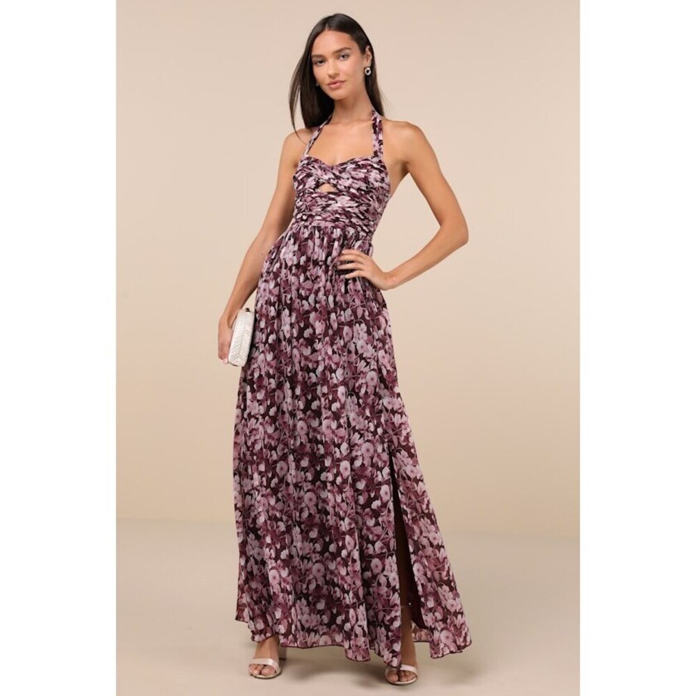 Lulus Illustrious Aura Plum Purple Floral Pleated Halter Maxi Dress - Size S